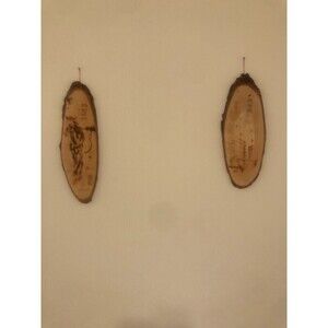 2X Vintage Chinese Feng Shui Pyrography Wood Slab Burning Oval Plaque Signed New